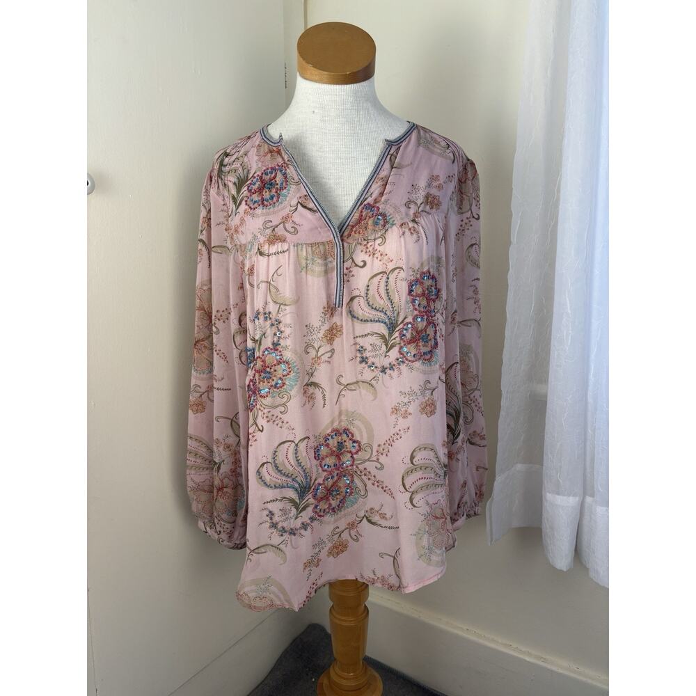 Sundance Floral Print Boho Silk V Neck Blouse Top Size Medium Sequin Beaded